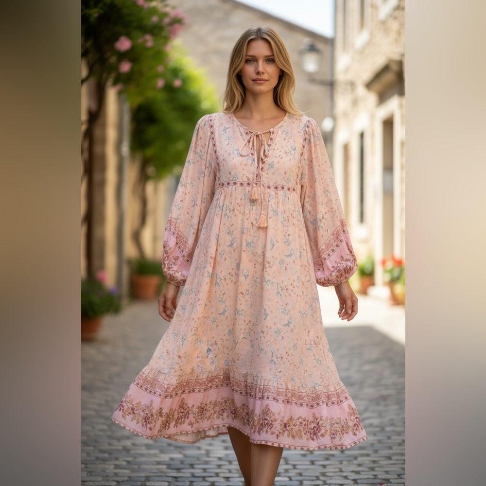 NWOT IN LOOM Vintage Boho Midi Floral Romantic Ruffle Dress